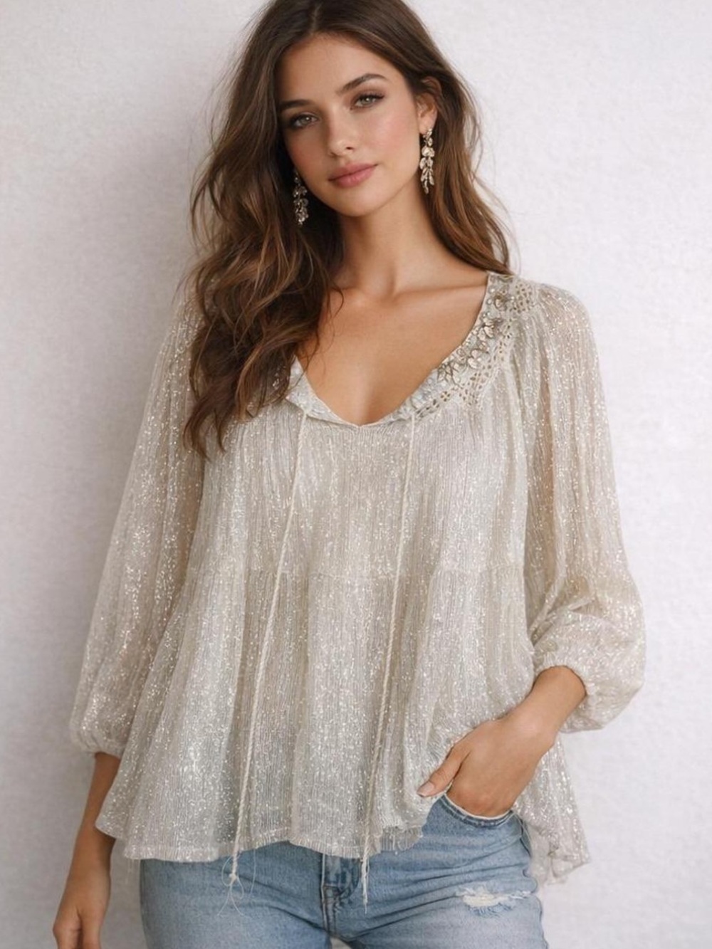 NEW Raga Madi Shimmer Swing Blouse Large Metallic Embroidered Bohemian Top